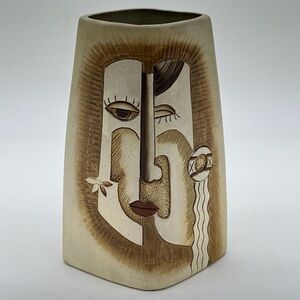 Vintage MCM Vase Two Sided Split Face Tribal Women  Boats Fish Picasso Style